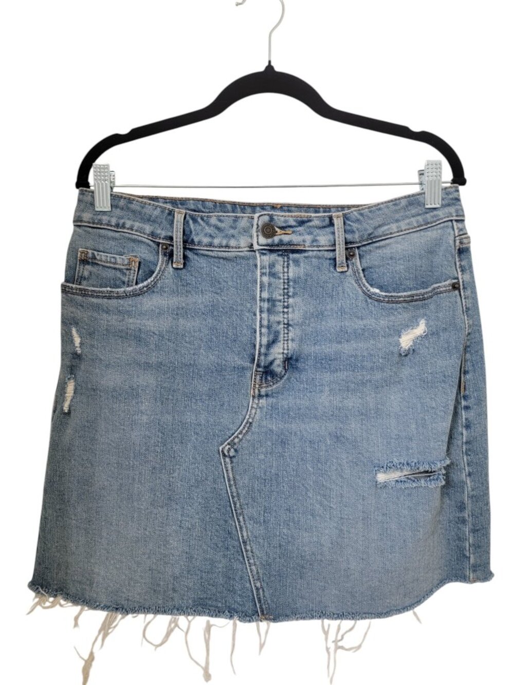Old Navy Size 10 Blue Denim Distressed Mini Skirt, Raw/Frayed Hem - Picture 1 of 9